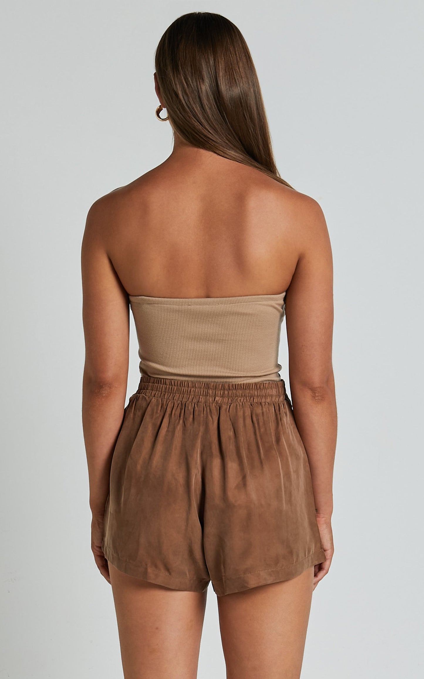 Kaya Shorts - Cupro Drawstring Asymmetrical Hem Shorts in Mocha
