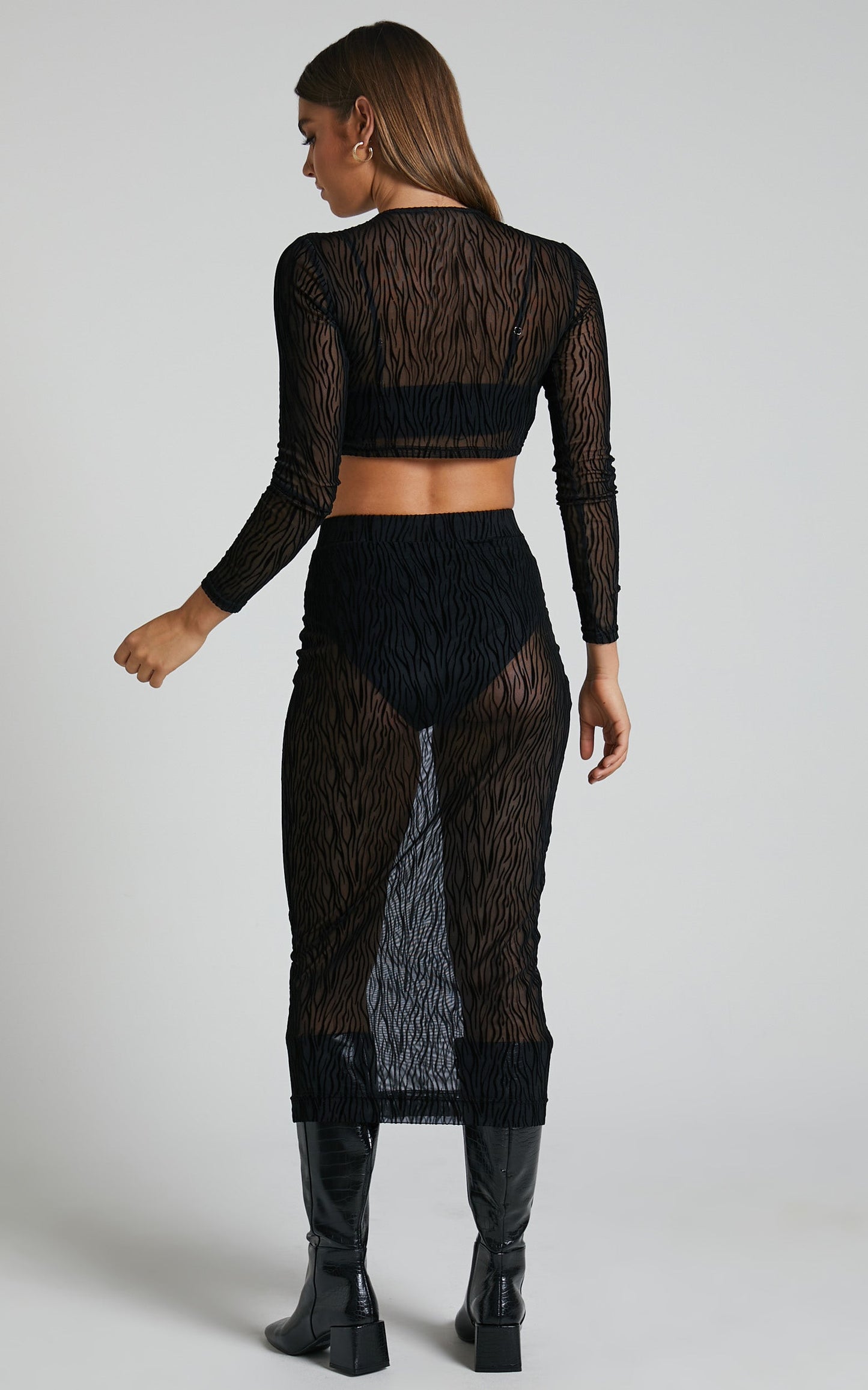 Kayecee Two Piece Set - Long Sleeve Crop Top and Midi Skirt Two Piece Set in Black Zebra