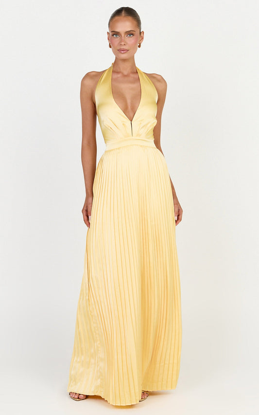 Kayla Maxi Dress - Plunge Neckline Pleated Halter Dress in Butter Yellow