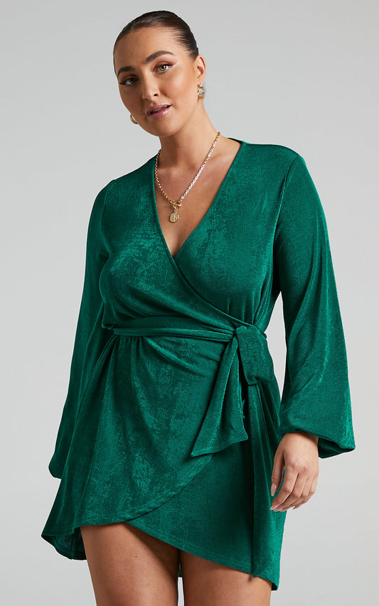 Kayley Mini Dress - Wrap Centre Tie Dress in Forest Green