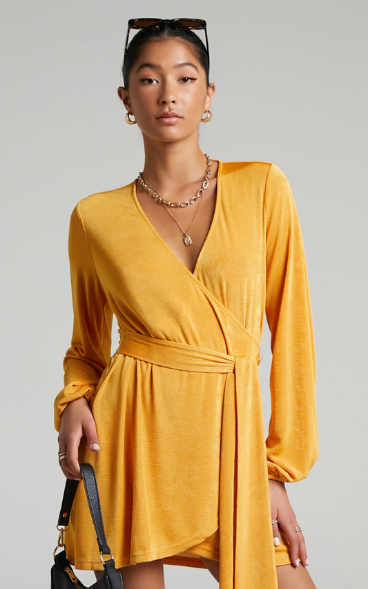 Kayley Mini Dress - Wrap Centre Tie Dress in Mango