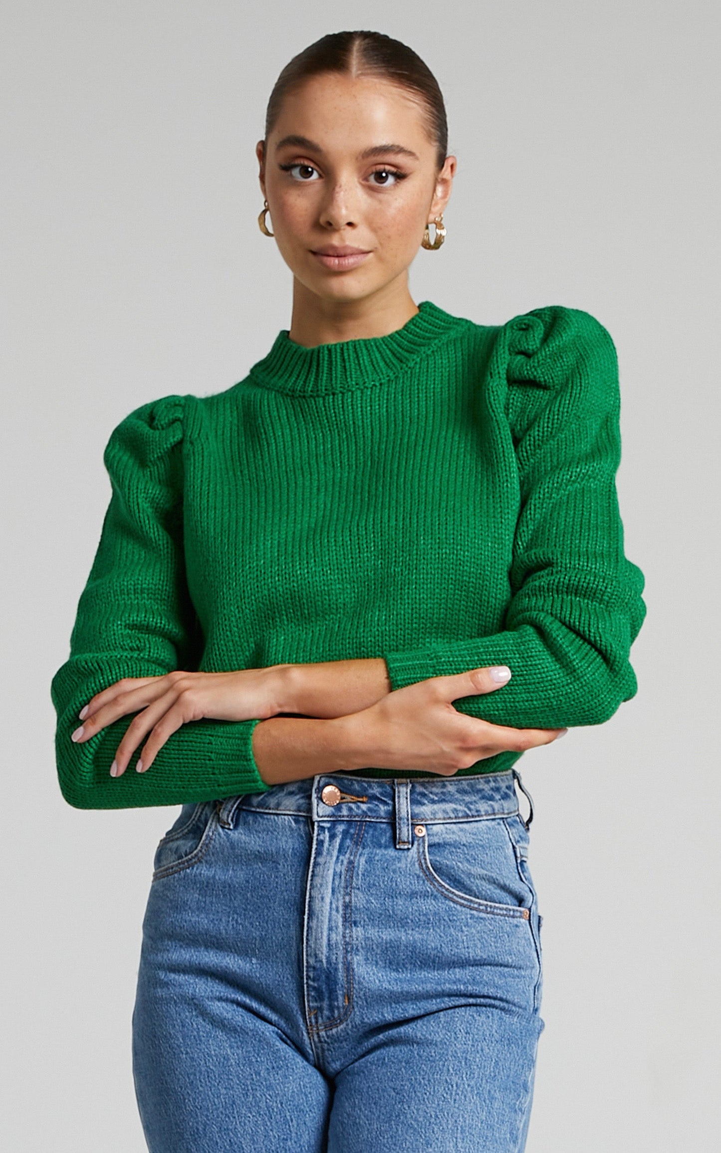Kayrai Jumper - Puff Sleeve Knit Jumper in Kelly Green