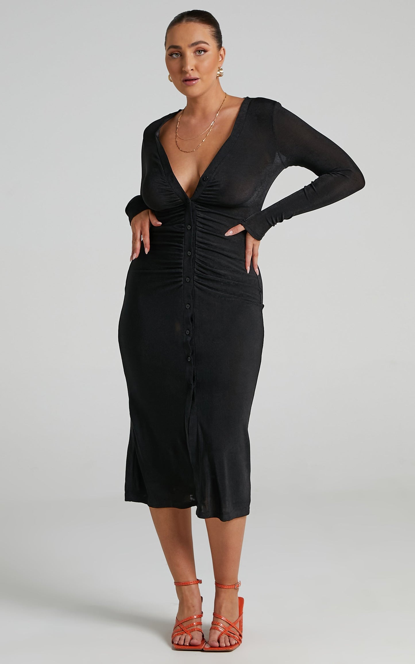 Keagan Midi Dress - Ruched Button Front Dress in Black