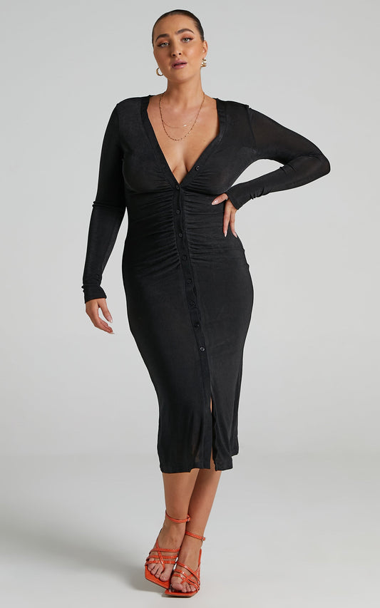 Keagan Midi Dress - Ruched Button Front Dress in Black