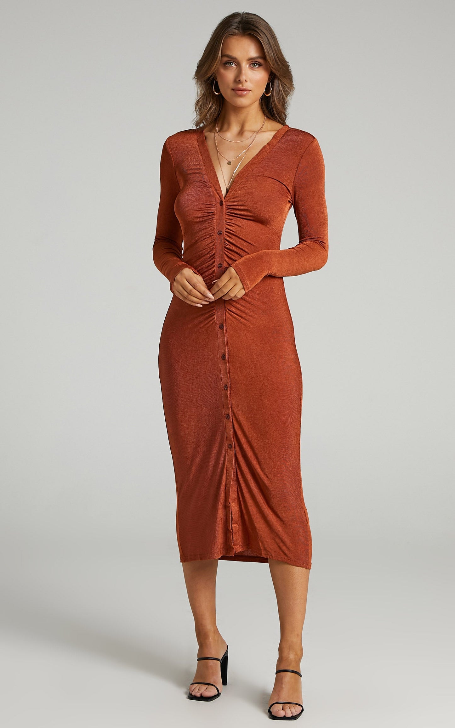 Keagan Midi Dress - Ruched Button Front Dress in Rust