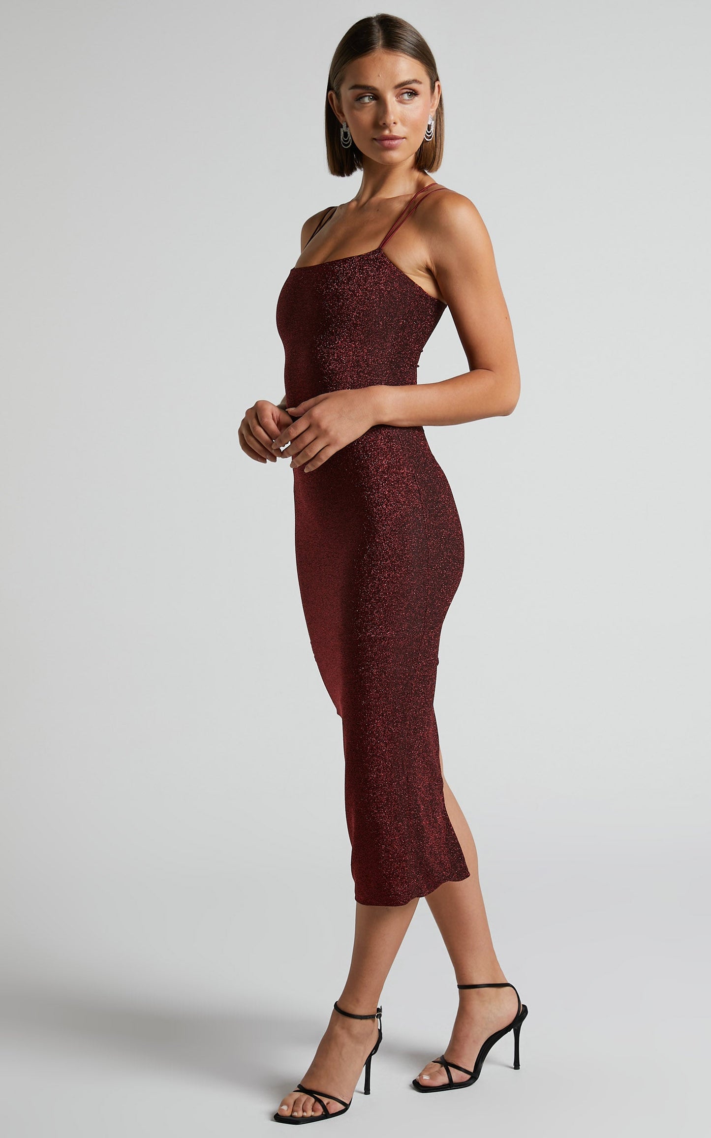 Keep The Party Going Midi Dress - Strappy Bodycon Dress in Wine Lurex