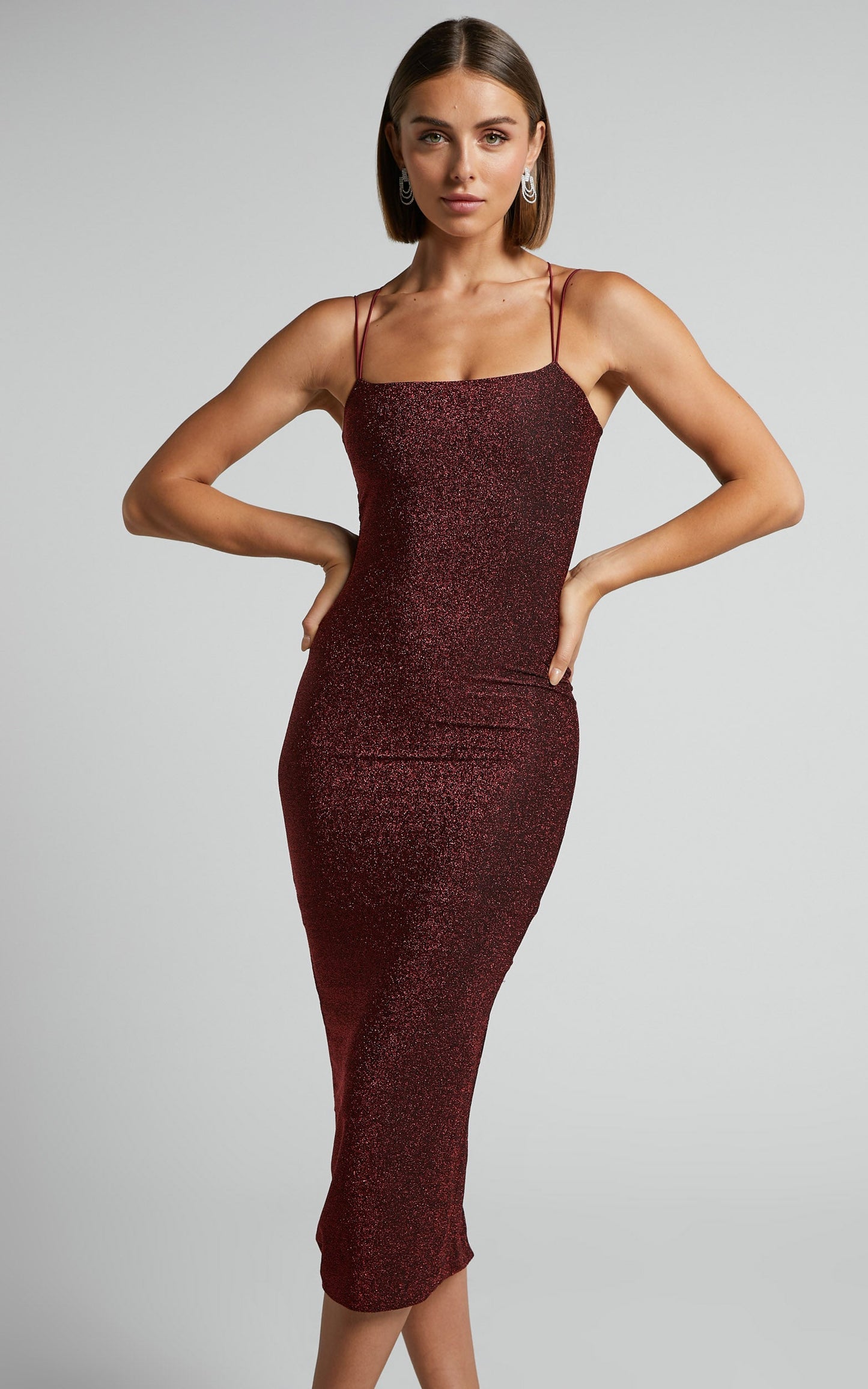 Keep The Party Going Midi Dress - Strappy Bodycon Dress in Wine Lurex