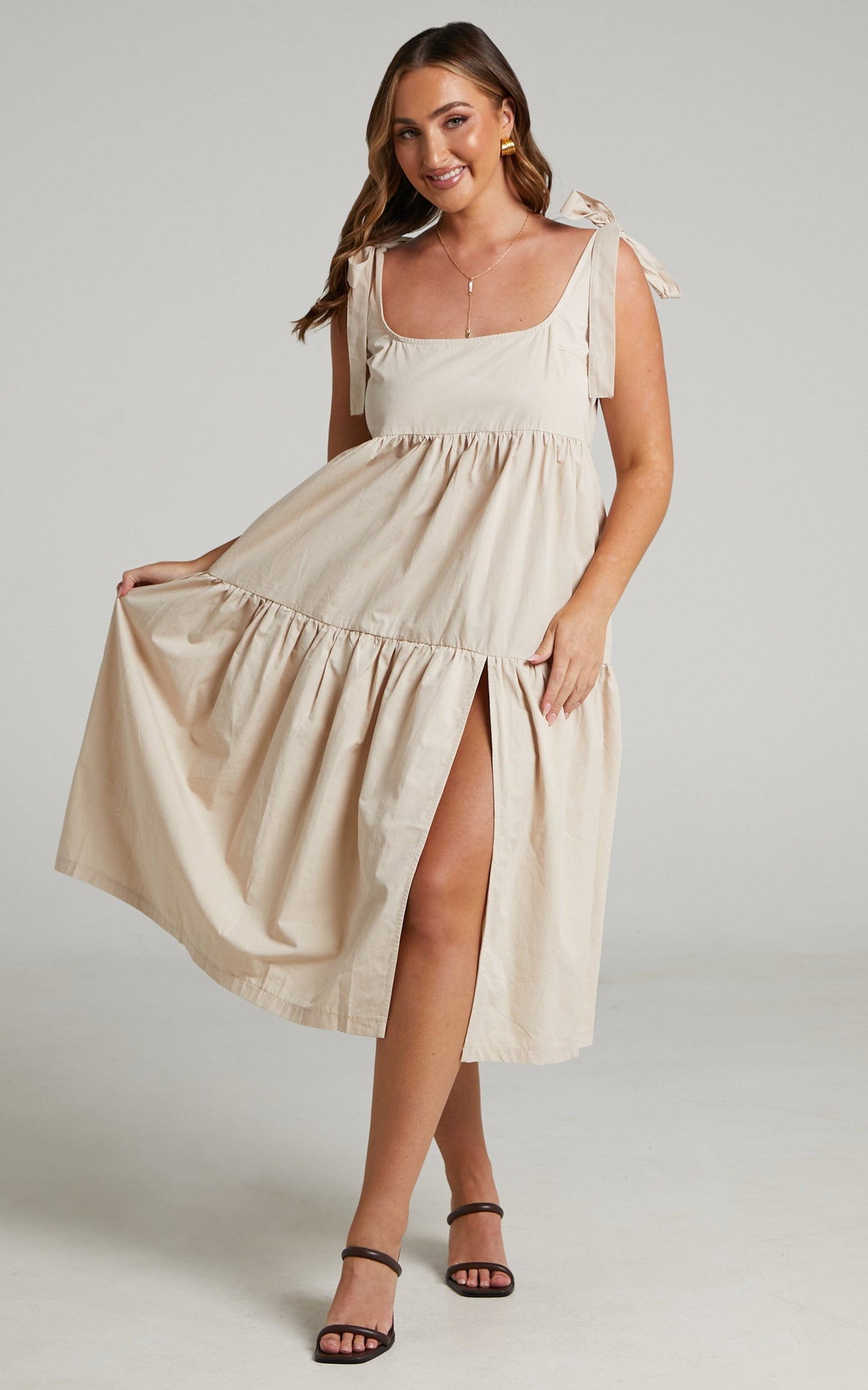 Keiko Mini Dress - Tie STrap Tiered Dress in Beige