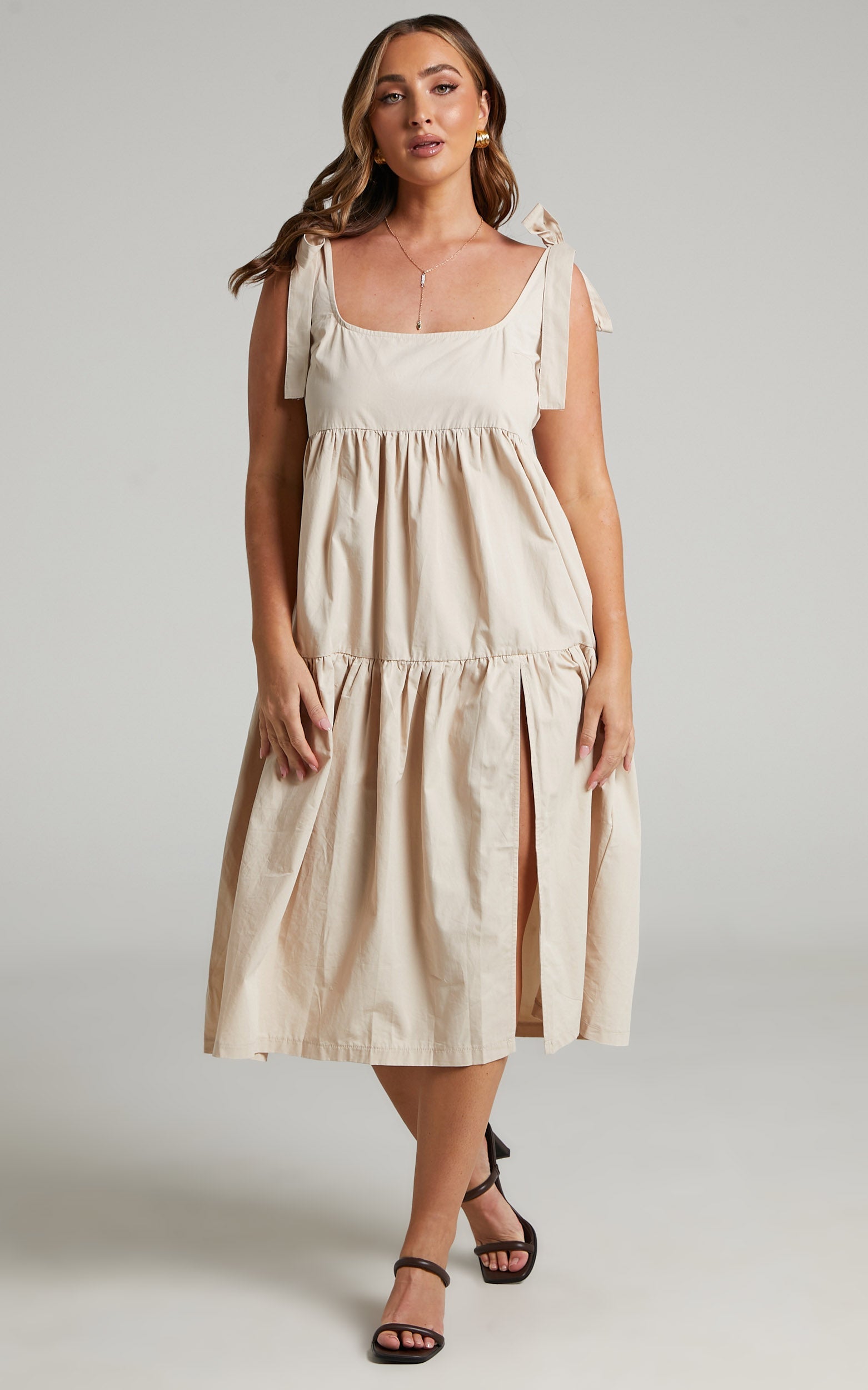Keiko Mini Dress - Tie STrap Tiered Dress in Beige
