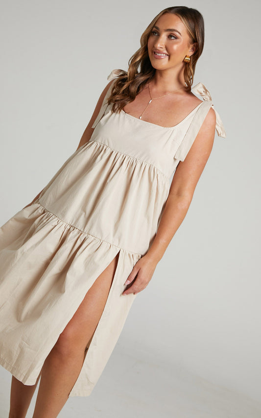 Keiko Mini Dress - Tie STrap Tiered Dress in Beige