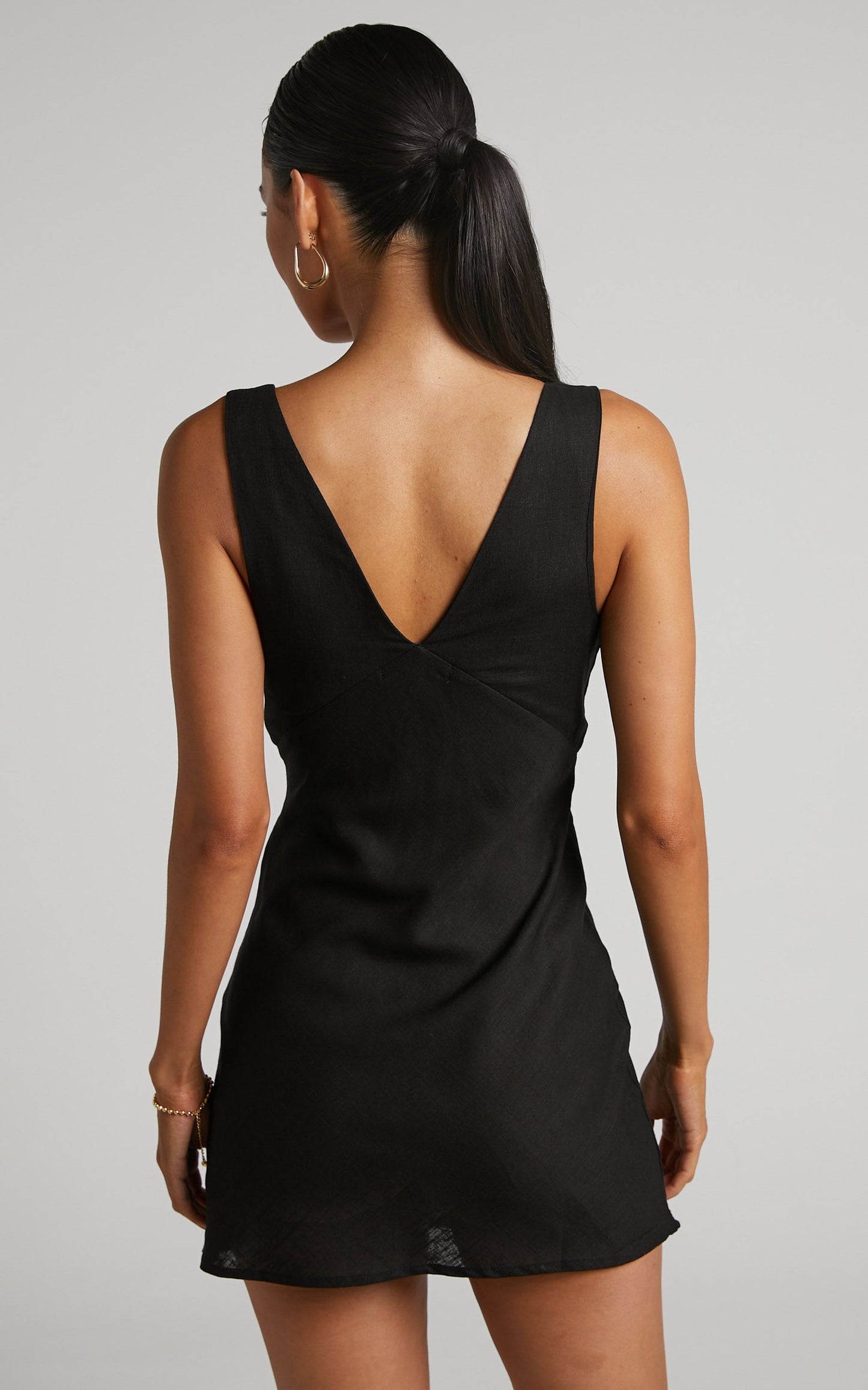 Kelly Mini Dress - Linen Look Plunge Dress in Black