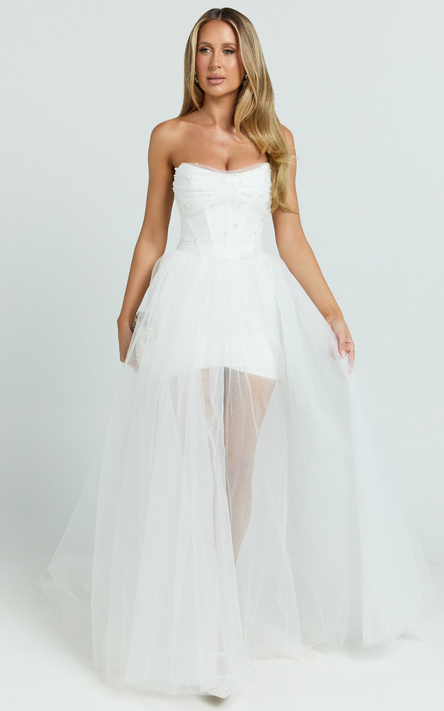Kelsey Mini Dress - Beaded Strapless Corset Panel Dress with Detachable Tulle Skirt in White