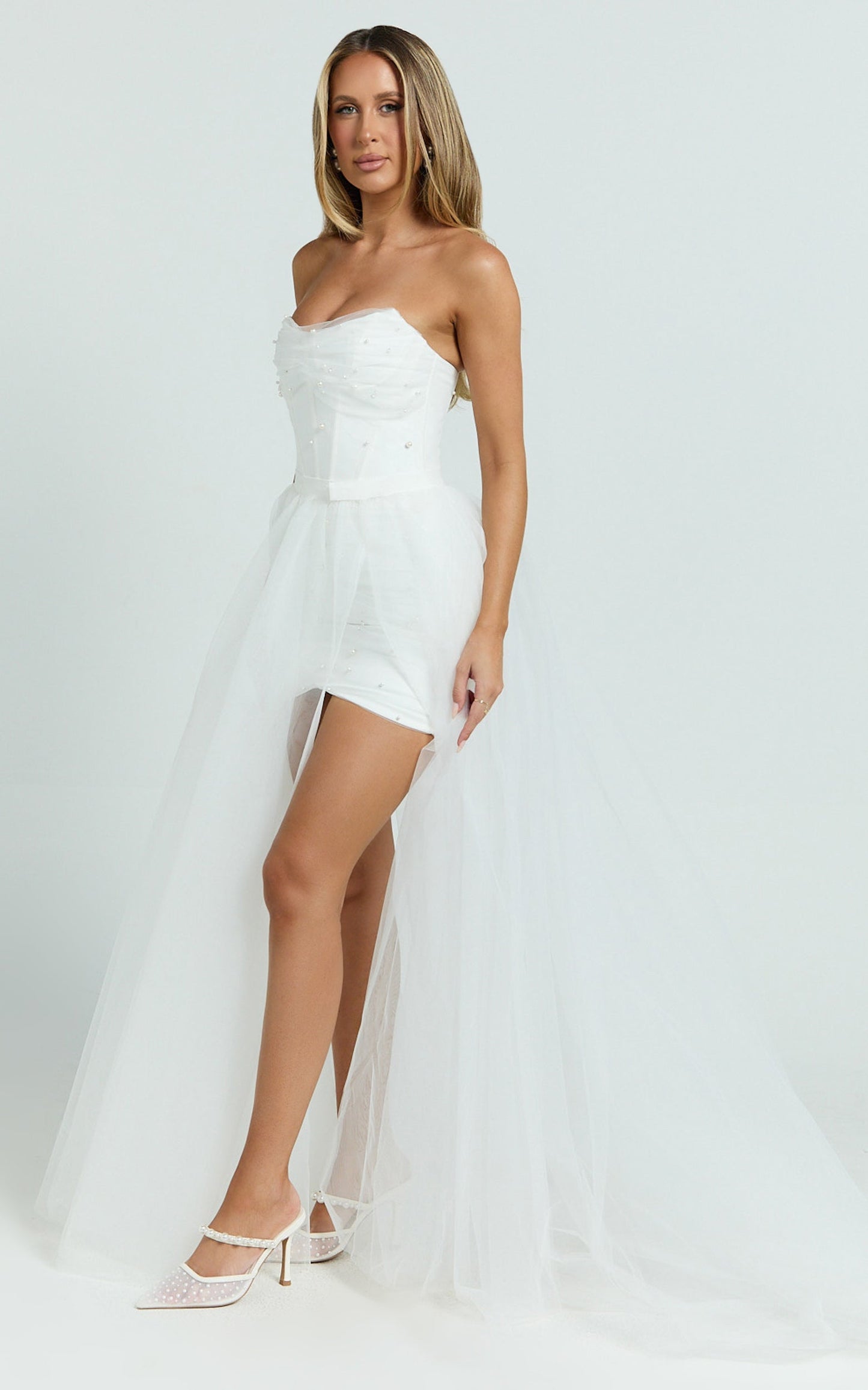 Kelsey Mini Dress - Beaded Strapless Corset Panel Dress with Detachable Tulle Skirt in White