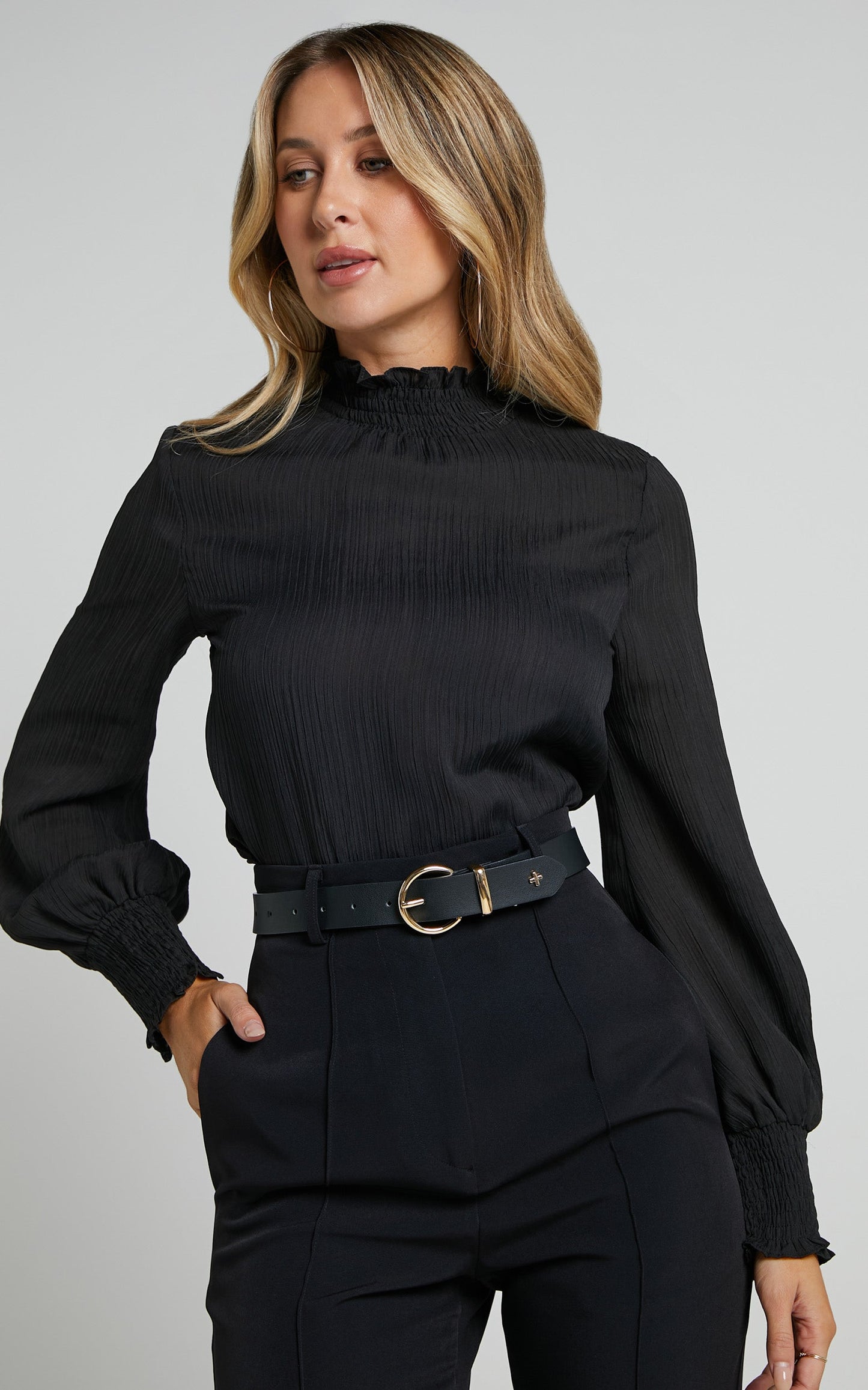 Kelsey Blouse - Shirred Long Sleeve Blouse in Black