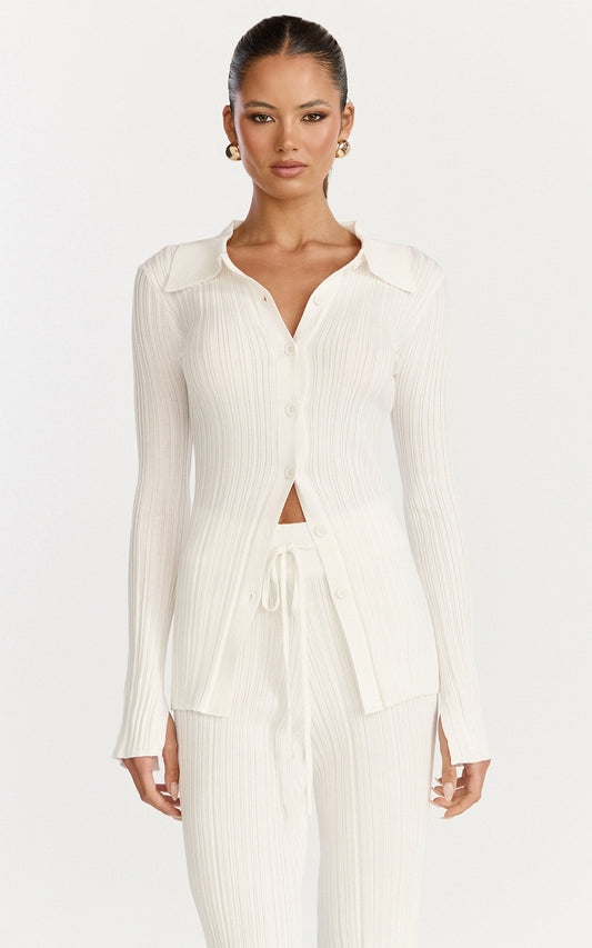 Kelsey Top - Button Through Long Sleeve Knitted Top in Cream