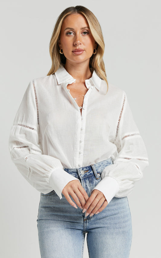Kendrick Top - Collared Button Through Blouson Sleeve Blouse in White