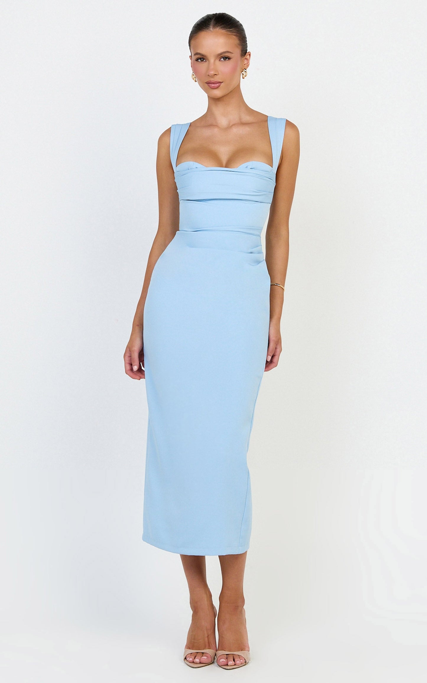 Kenna Midi Dress - Gathered Bust Tucked Waist Dress in Pale Blue