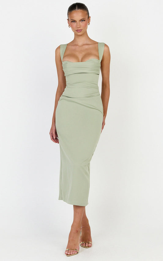 Kenna Midi Dress - Gathered Bust Tucked Waist Dress in Sage