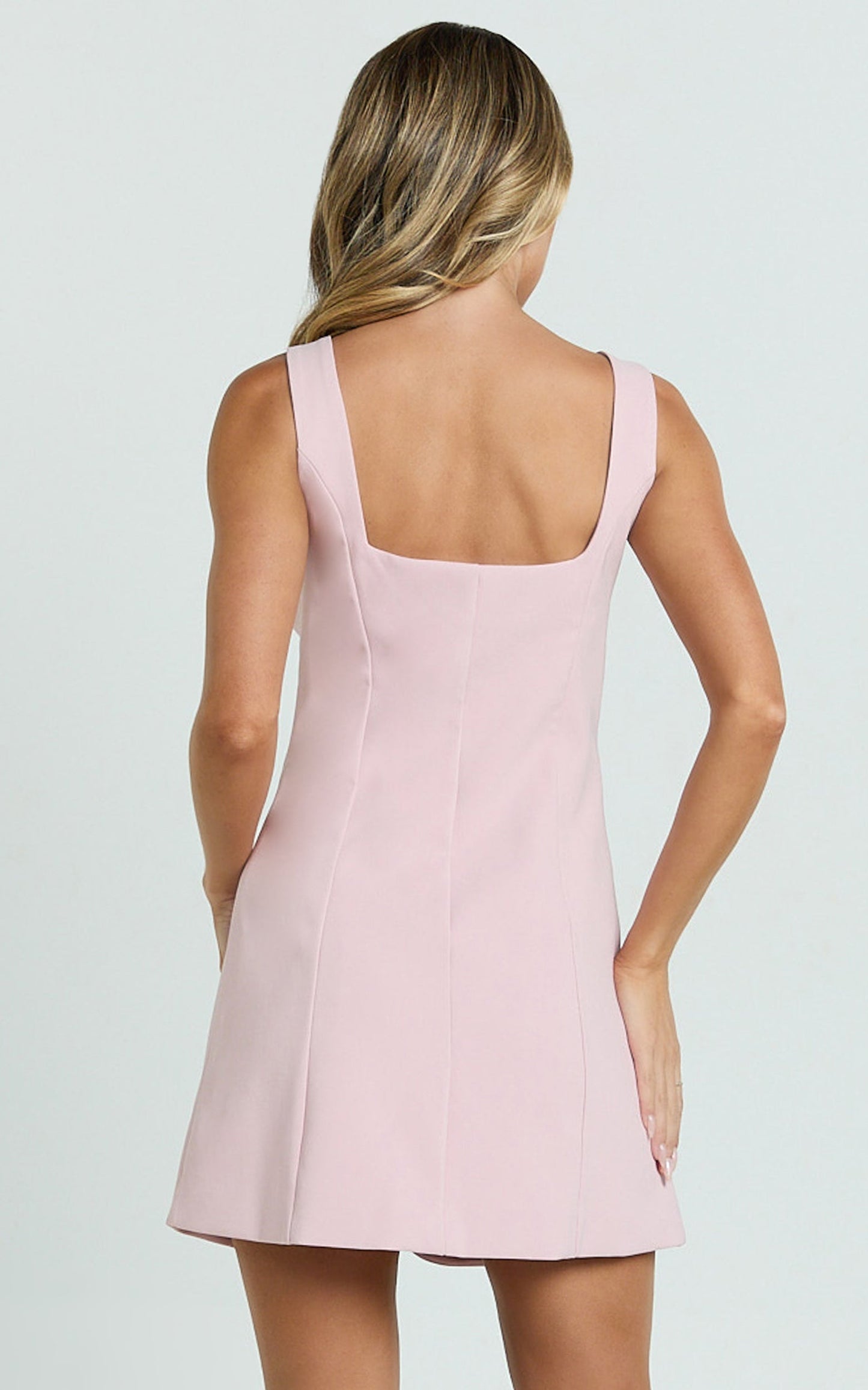 Kenna Mini Dress - Square Neck Button Down Mini Dress in Pink