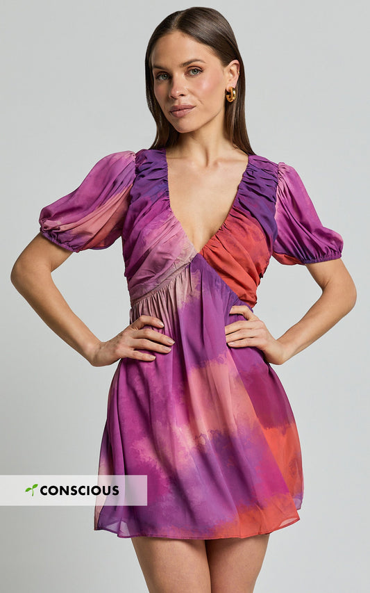 Kennedy Mini Dress - Recycled Polyester V Neck Puff Sleeve Dress in Coral Mirage Print