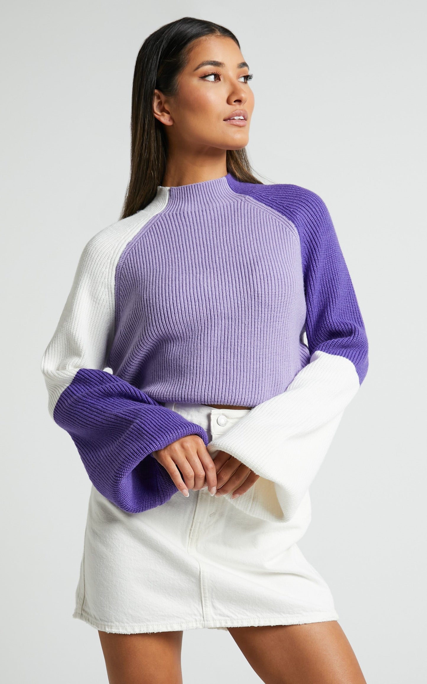 Kensley Jumper - Colour Block Turtleneck Balloon Sleeve Knit Jumper in Lilac