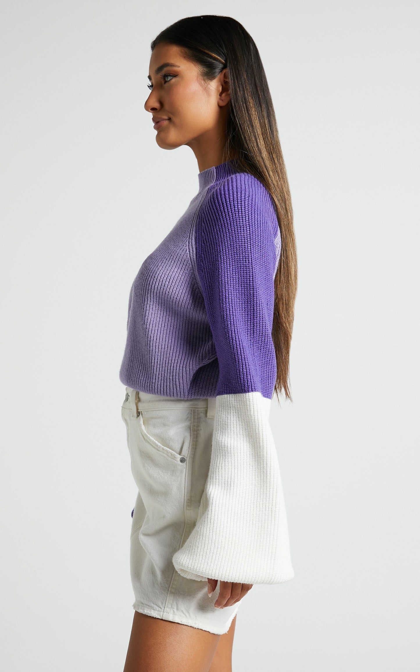 Kensley Jumper - Colour Block Turtleneck Balloon Sleeve Knit Jumper in Lilac