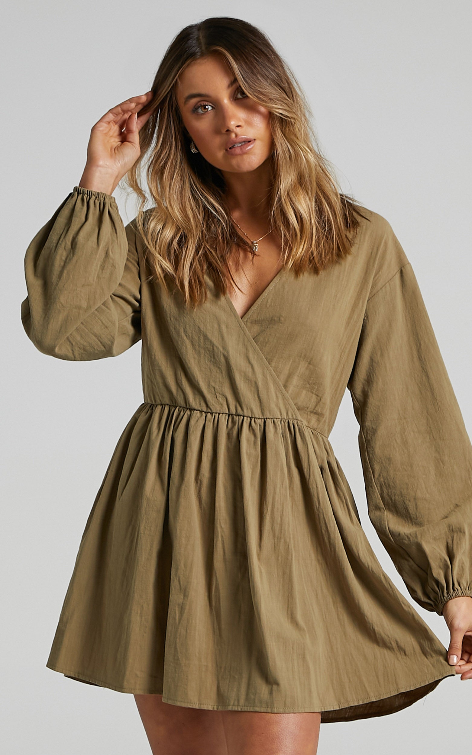 Kensley Wrap Front Long Sleeve Mini Dress in Khaki