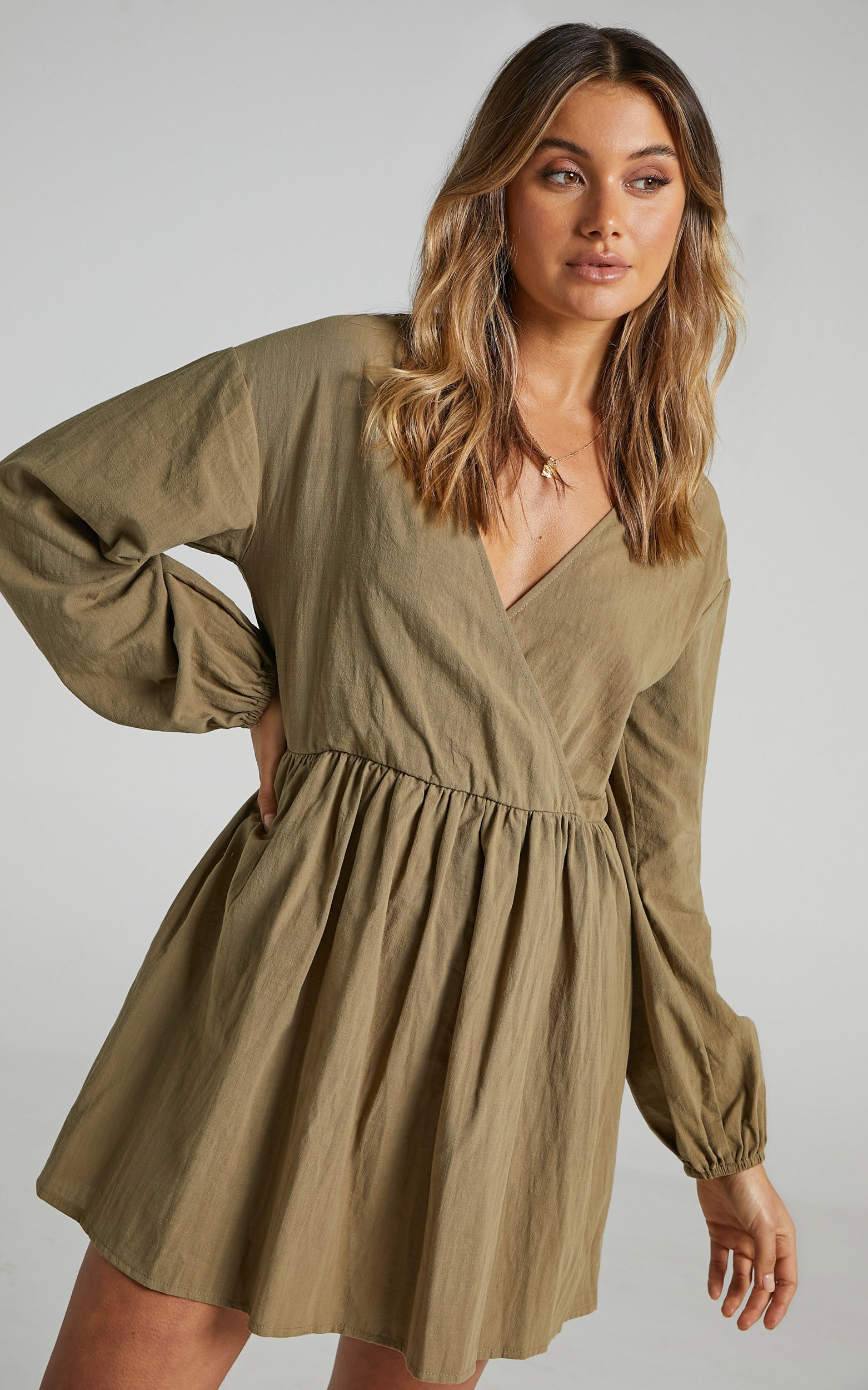 Kensley Wrap Front Long Sleeve Mini Dress in Khaki