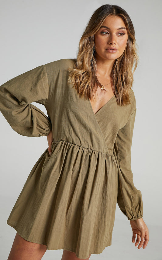 Kensley Wrap Front Long Sleeve Mini Dress in Khaki