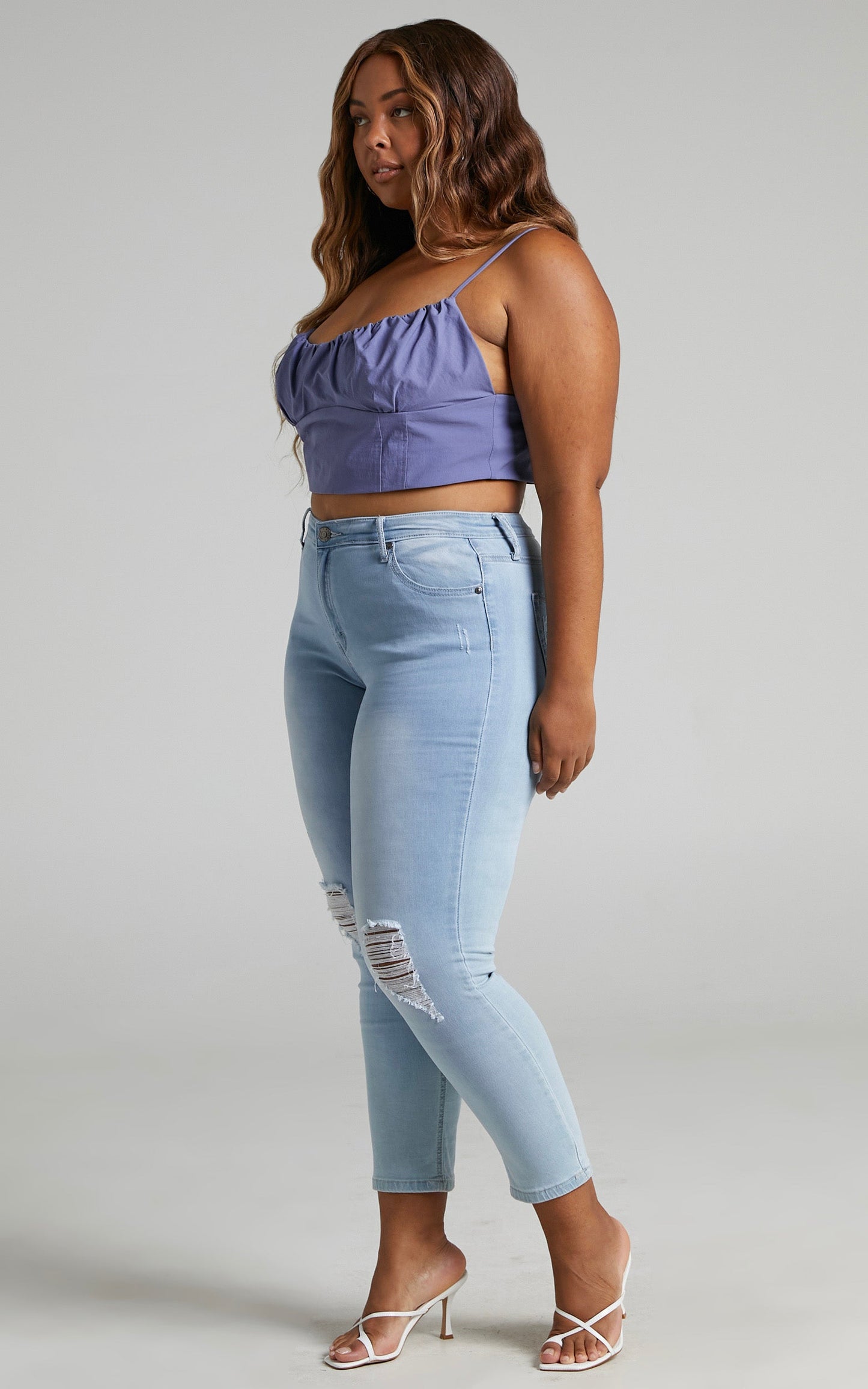 Keriana Top - Gathered Front Corset Crop Top in Steel Blue