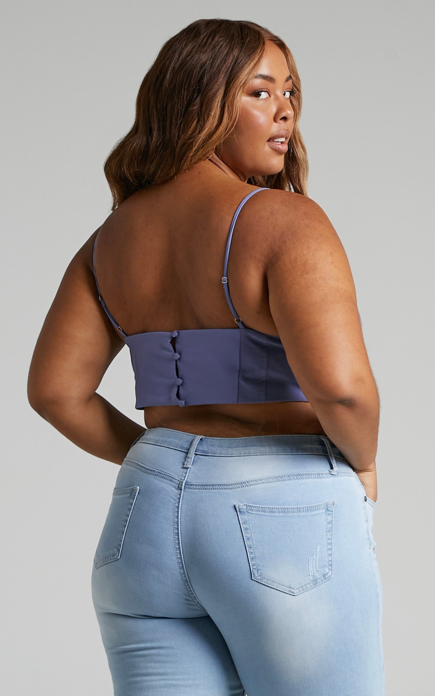 Keriana Top - Gathered Front Corset Crop Top in Steel Blue