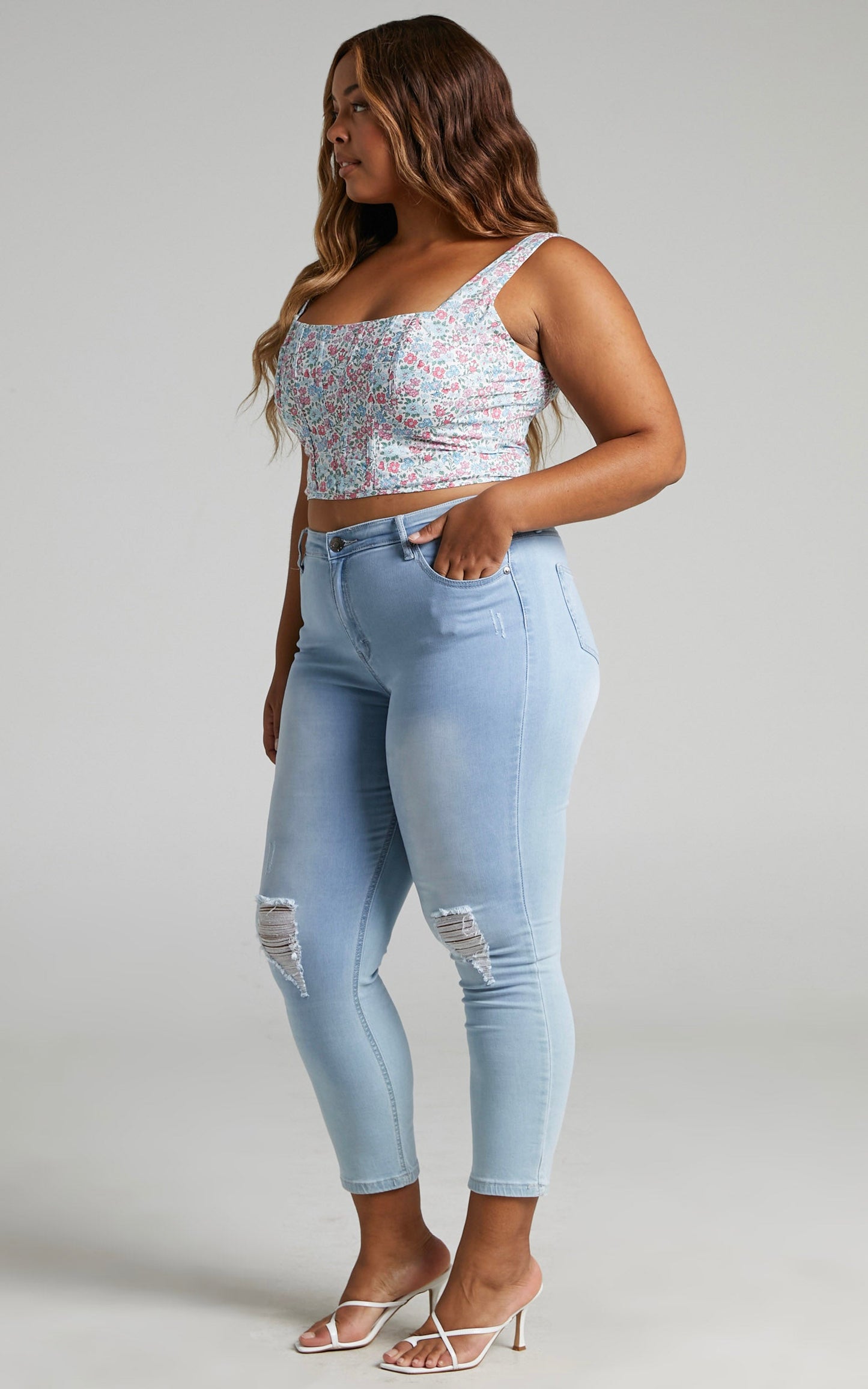 Keriana Top - Square Neck Cropped Corset in Purple Pink Floral