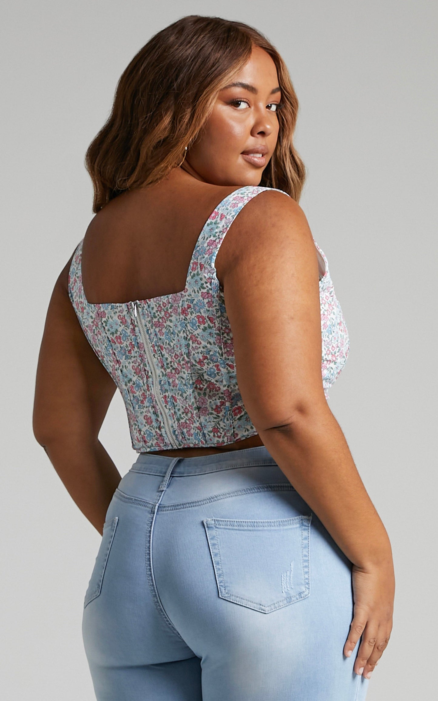 Keriana Top - Square Neck Cropped Corset in Purple Pink Floral