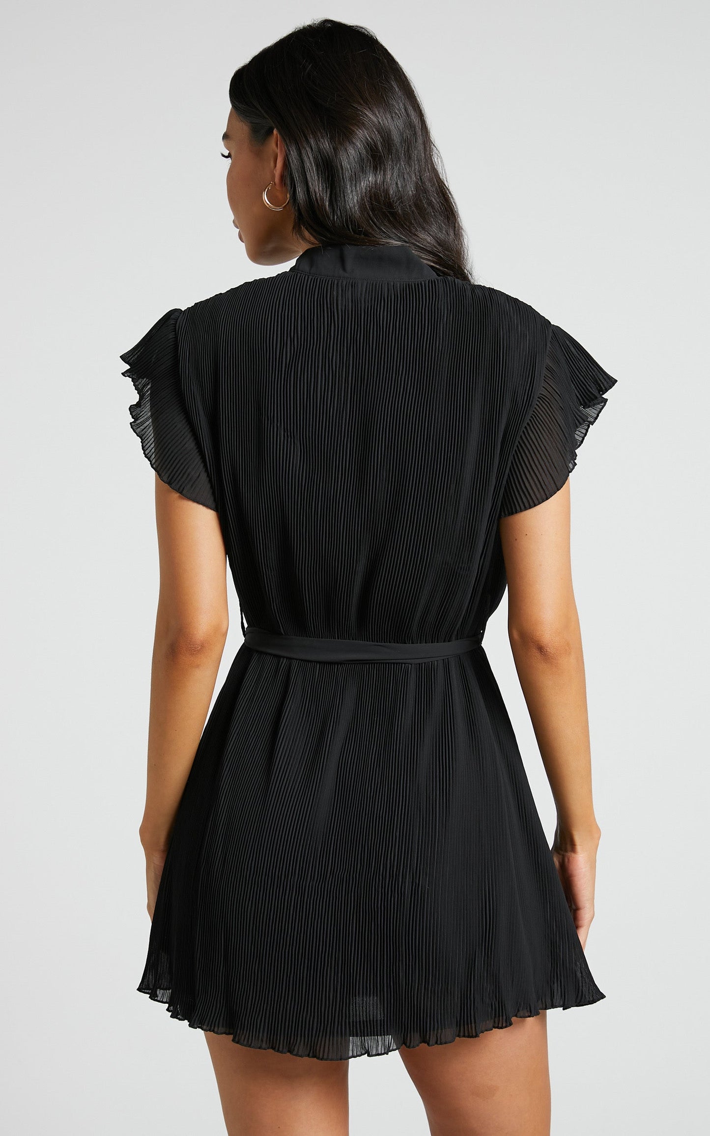 Kerray Mini Dress - Button Up Short Sleeve Tie Waist Dress in Black