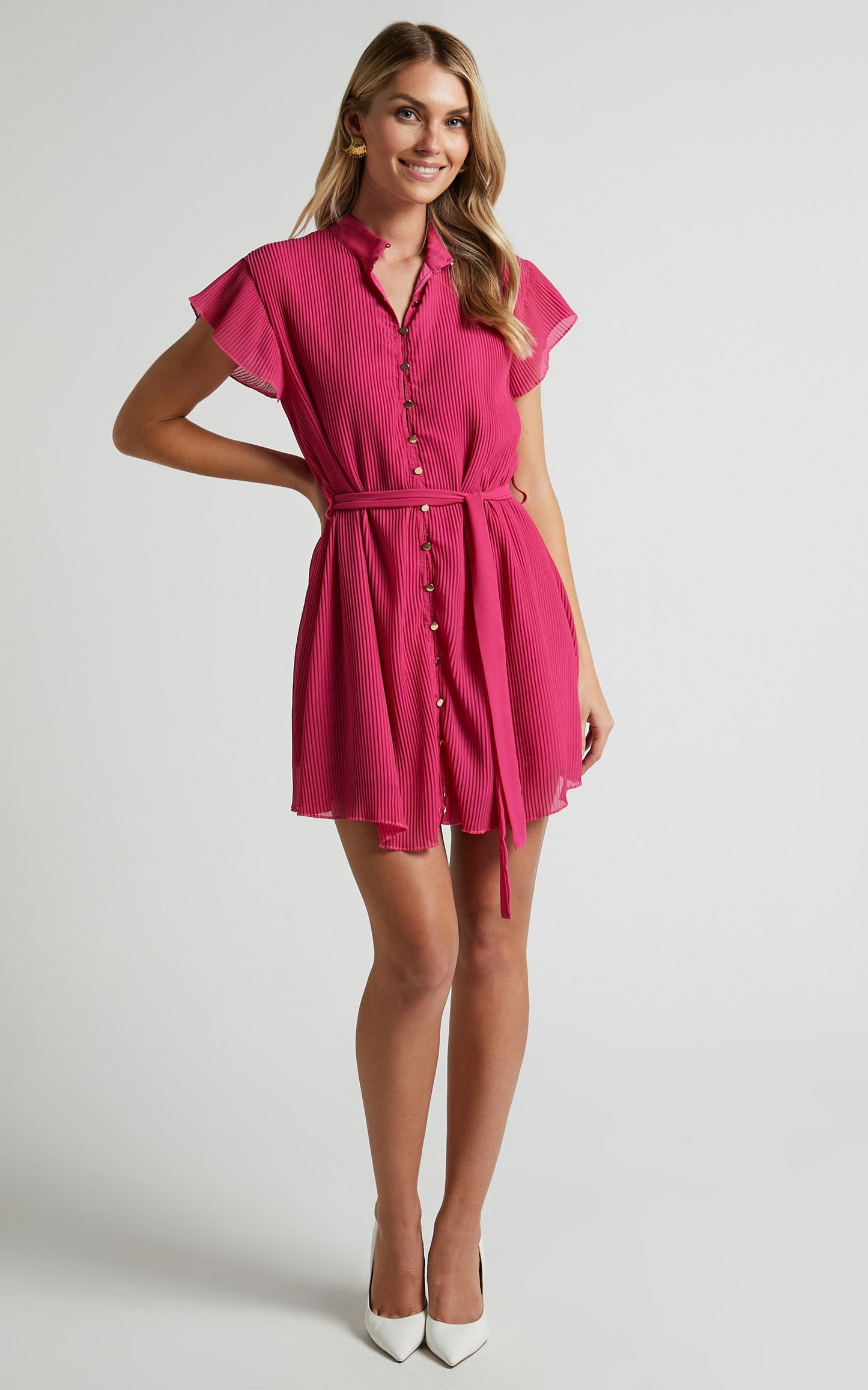 Kerray Mini Dress - Button Up Short Sleeve Tie Waist Dress in Fuchsia