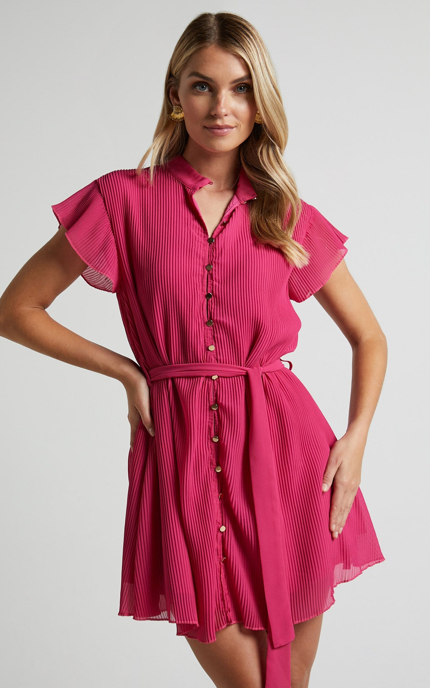 Kerray Mini Dress - Button Up Short Sleeve Tie Waist Dress in Fuchsia