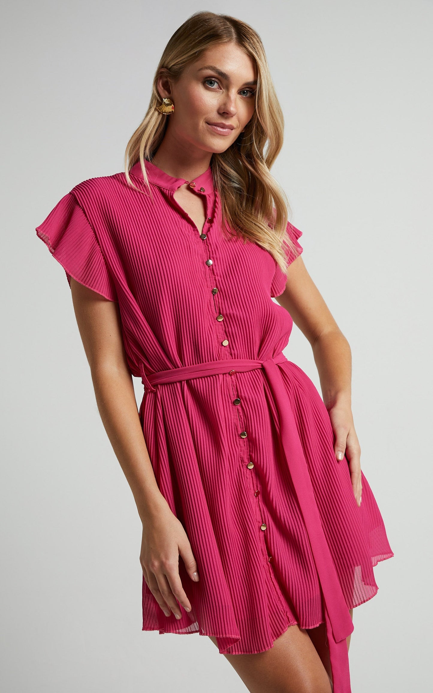Kerray Mini Dress - Button Up Short Sleeve Tie Waist Dress in Fuchsia