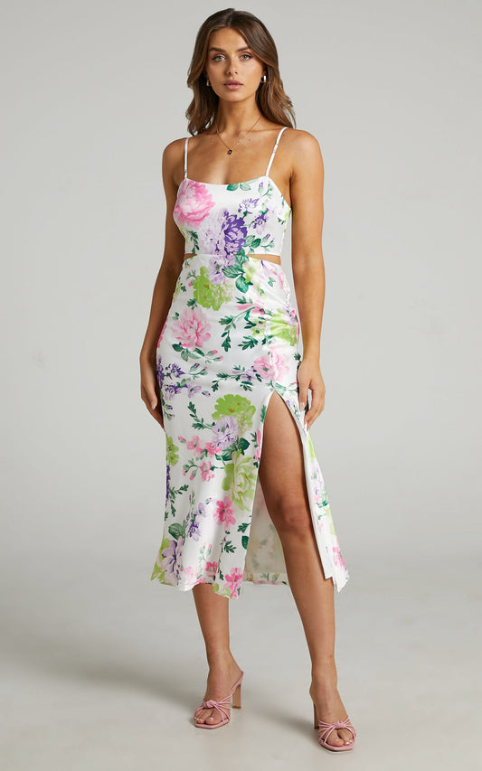 Kerstine Slip Cut Out Midi Dress in Neon Floral