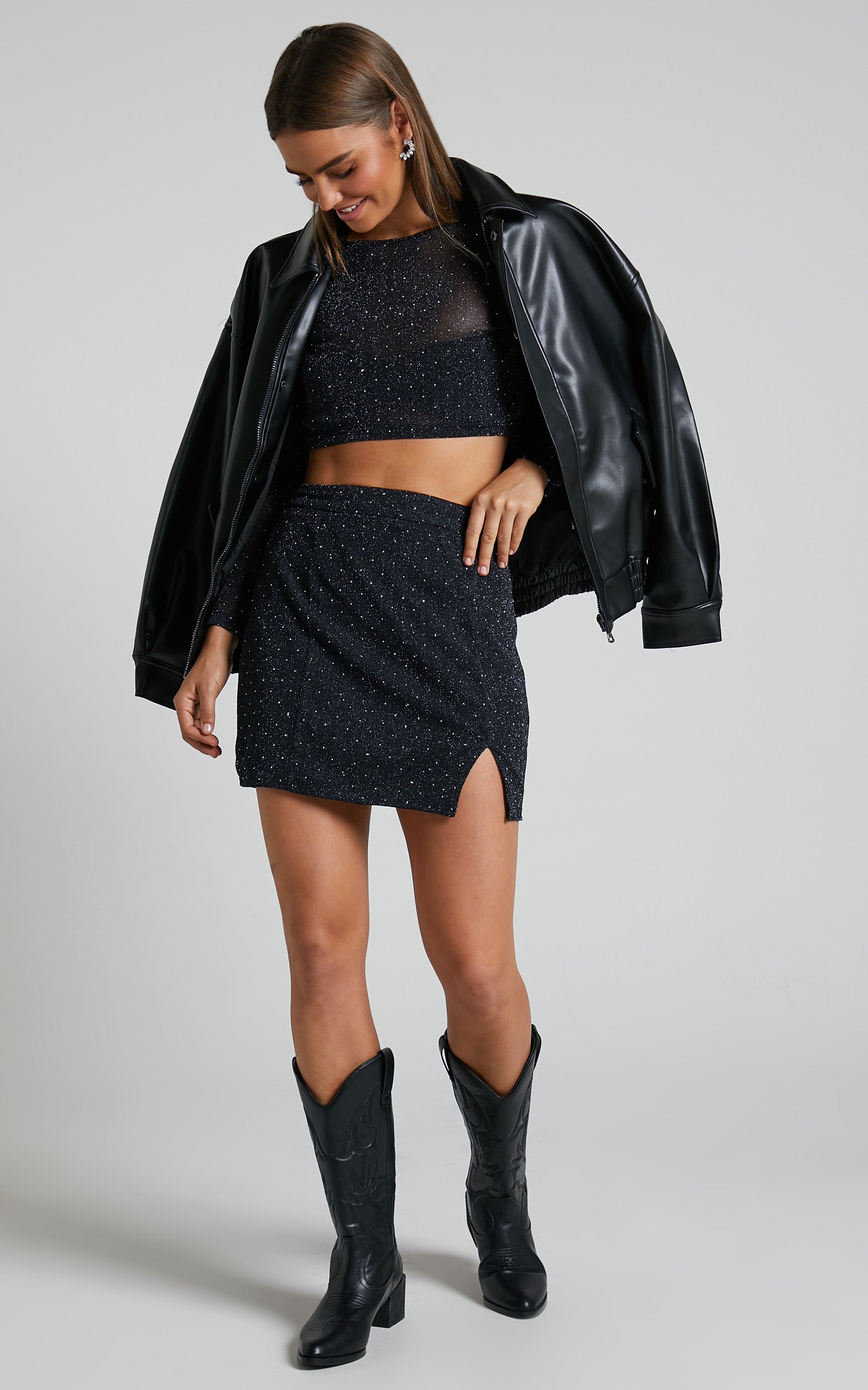 Khaimy Two Piece Set - Glitter Mesh Long Sleeve Crop Top and Mini Skirt Set in Black