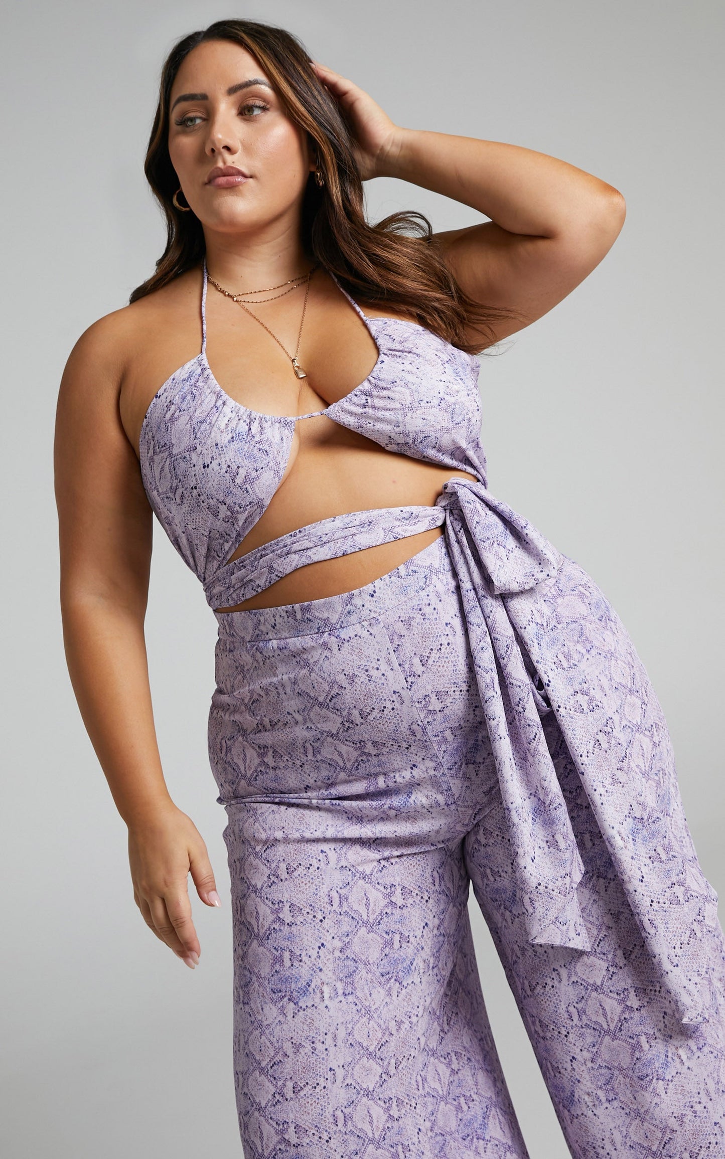 Khaji Top - Halter Scarf Bust Crop Top in Lilac Snake Print