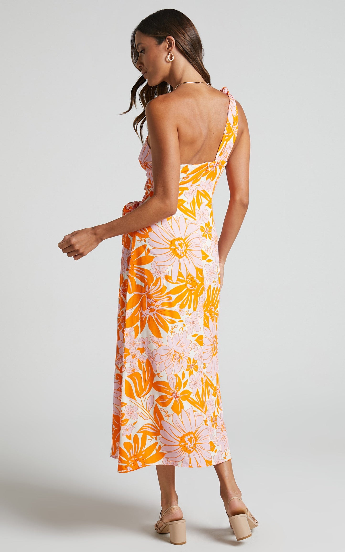 Khalia Midi Dress - Asymmetrical One Shoulder Wrap Dress in Orange Floral