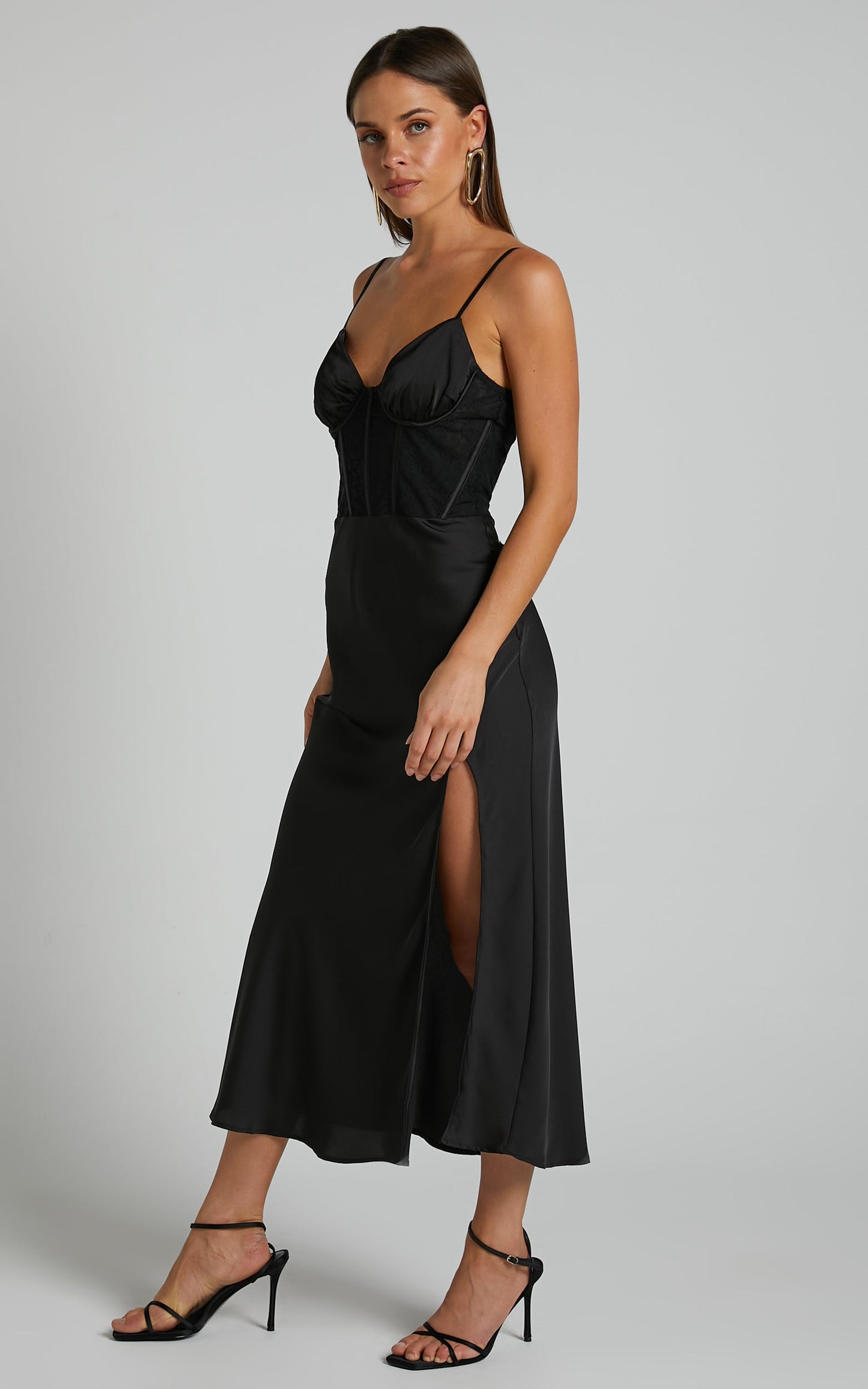Khallah Midi Dress - Lace Bustier Side Split Dress in Black