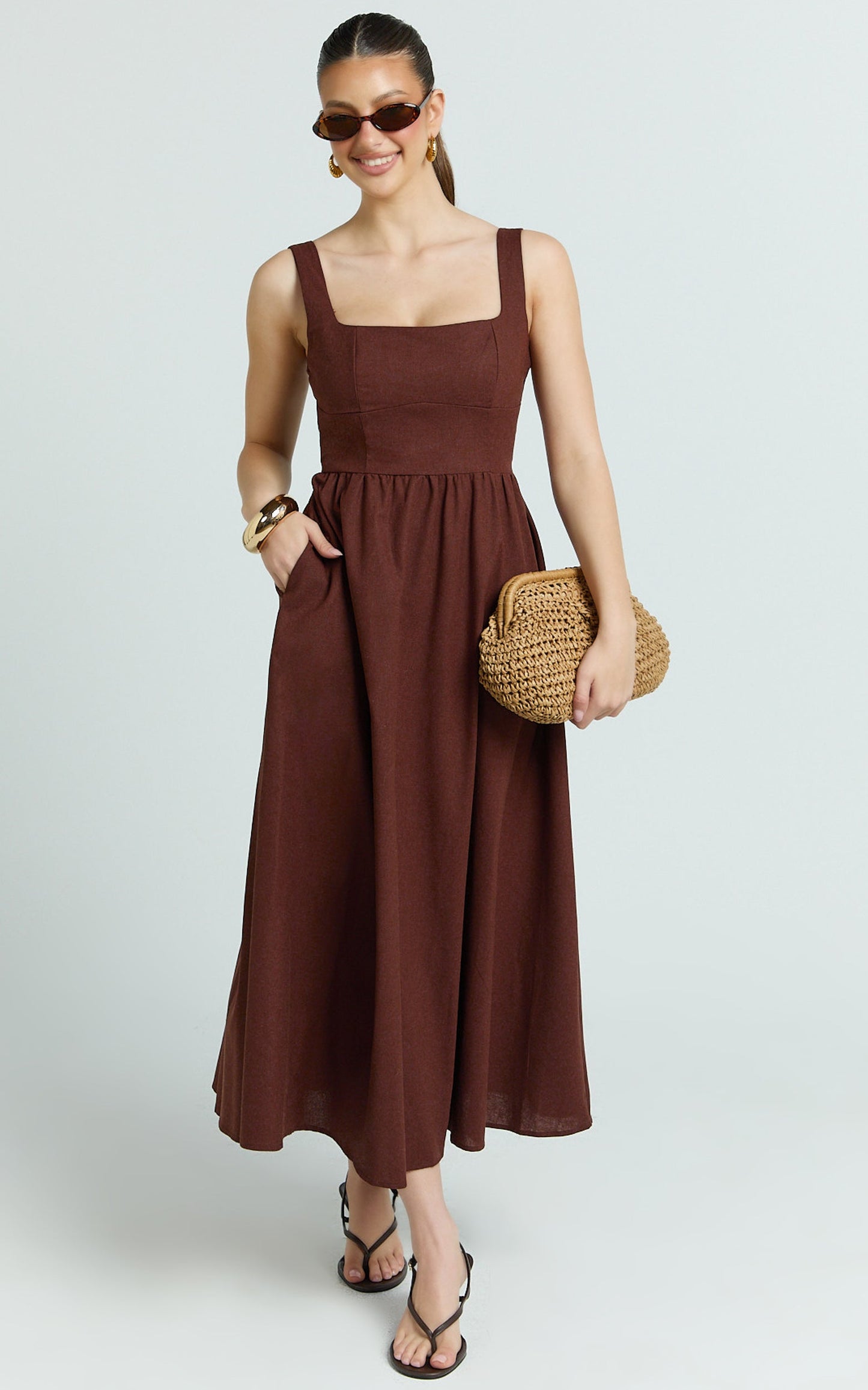 Khari Midi Dress - Linen Look Square A Line Dress in Chocolate
