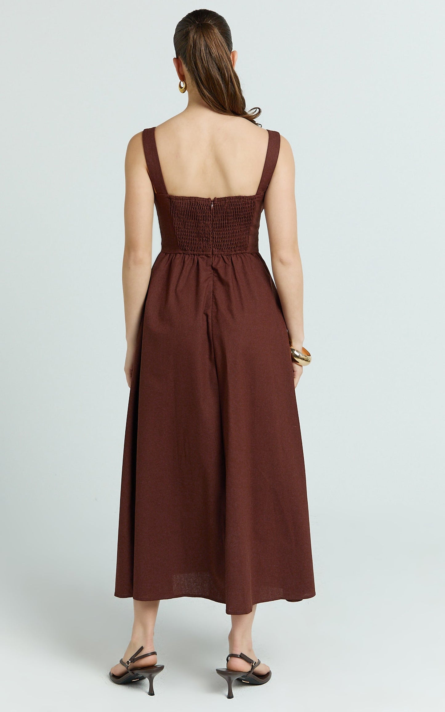 Khari Midi Dress - Linen Look Square A Line Dress in Chocolate