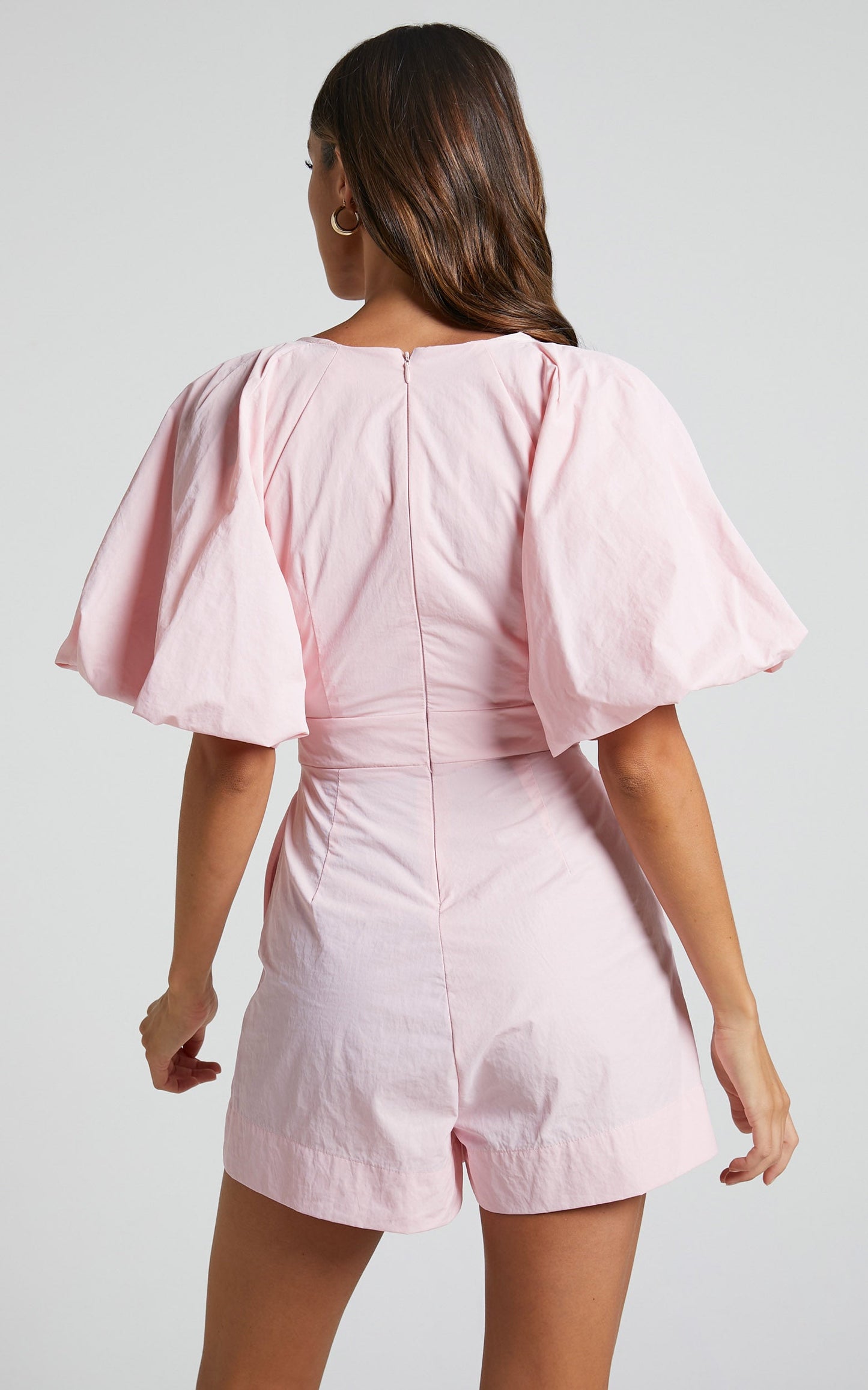 Khirara Playsuit - Tie Front Cut Out Puff Sleeve Playsuit in Ice Pink