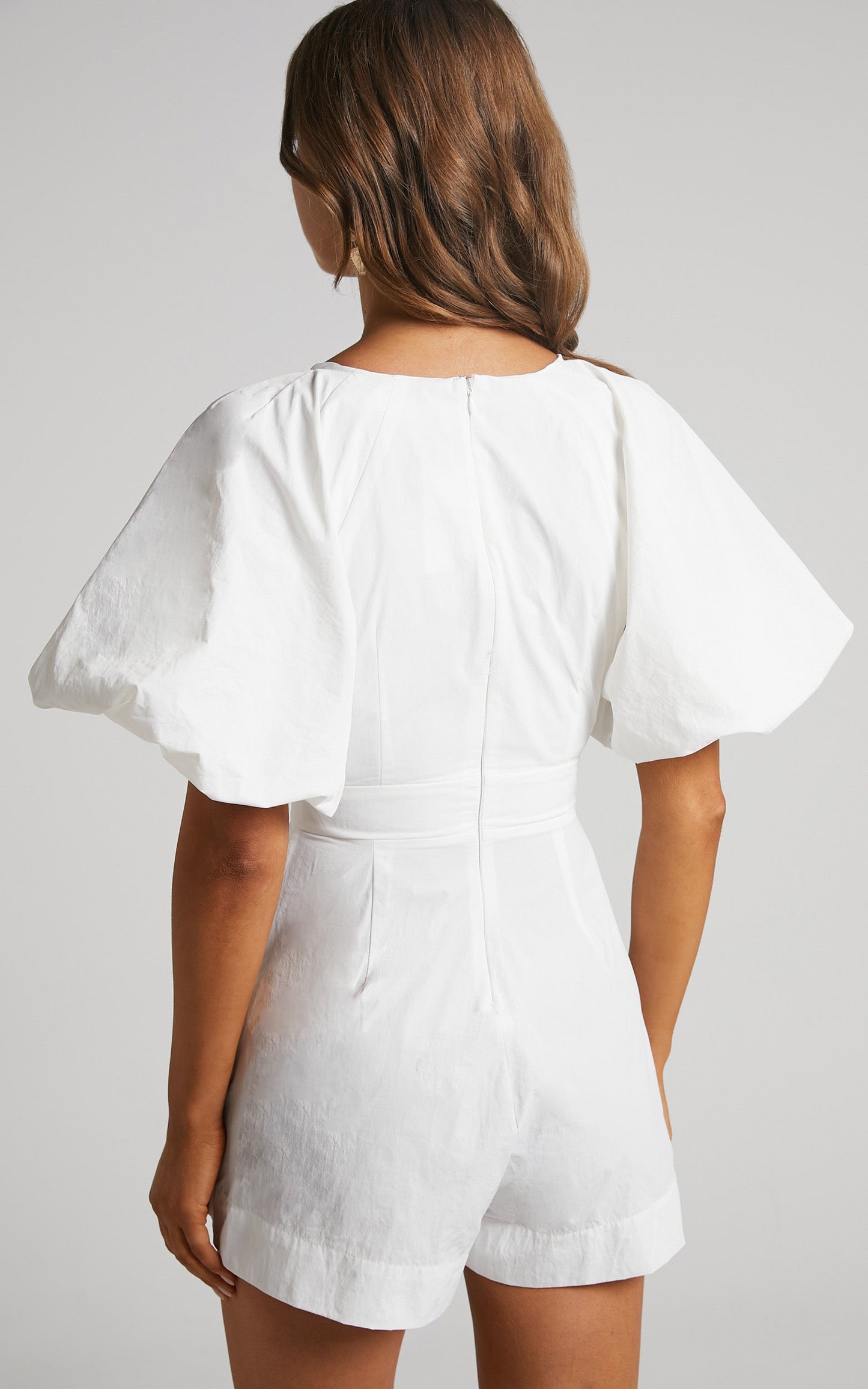 Khirara Playsuit - Tie Front Cut Out Puff Sleeve Playsuit in White