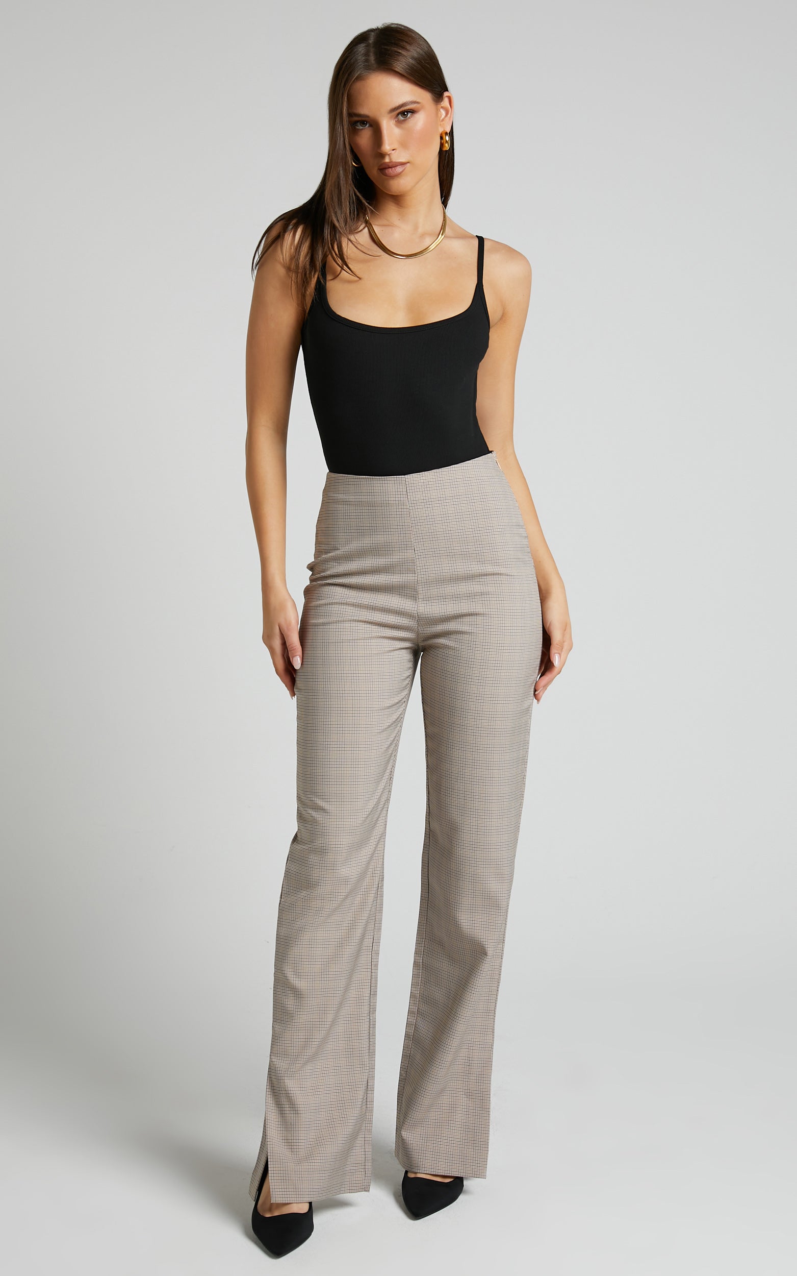 Khizza Pants - High Waisted Side Split Pants in Brown Pink Check