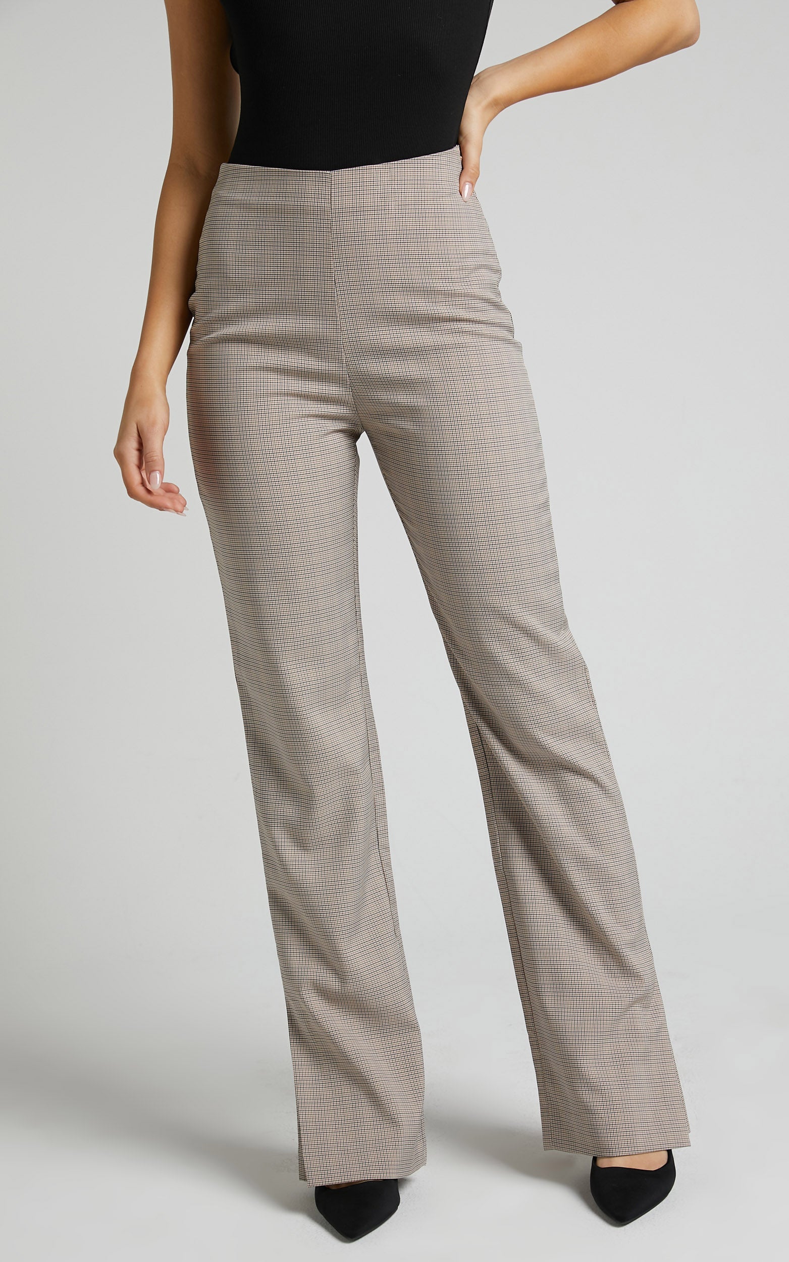 Khizza Pants - High Waisted Side Split Pants in Brown Pink Check