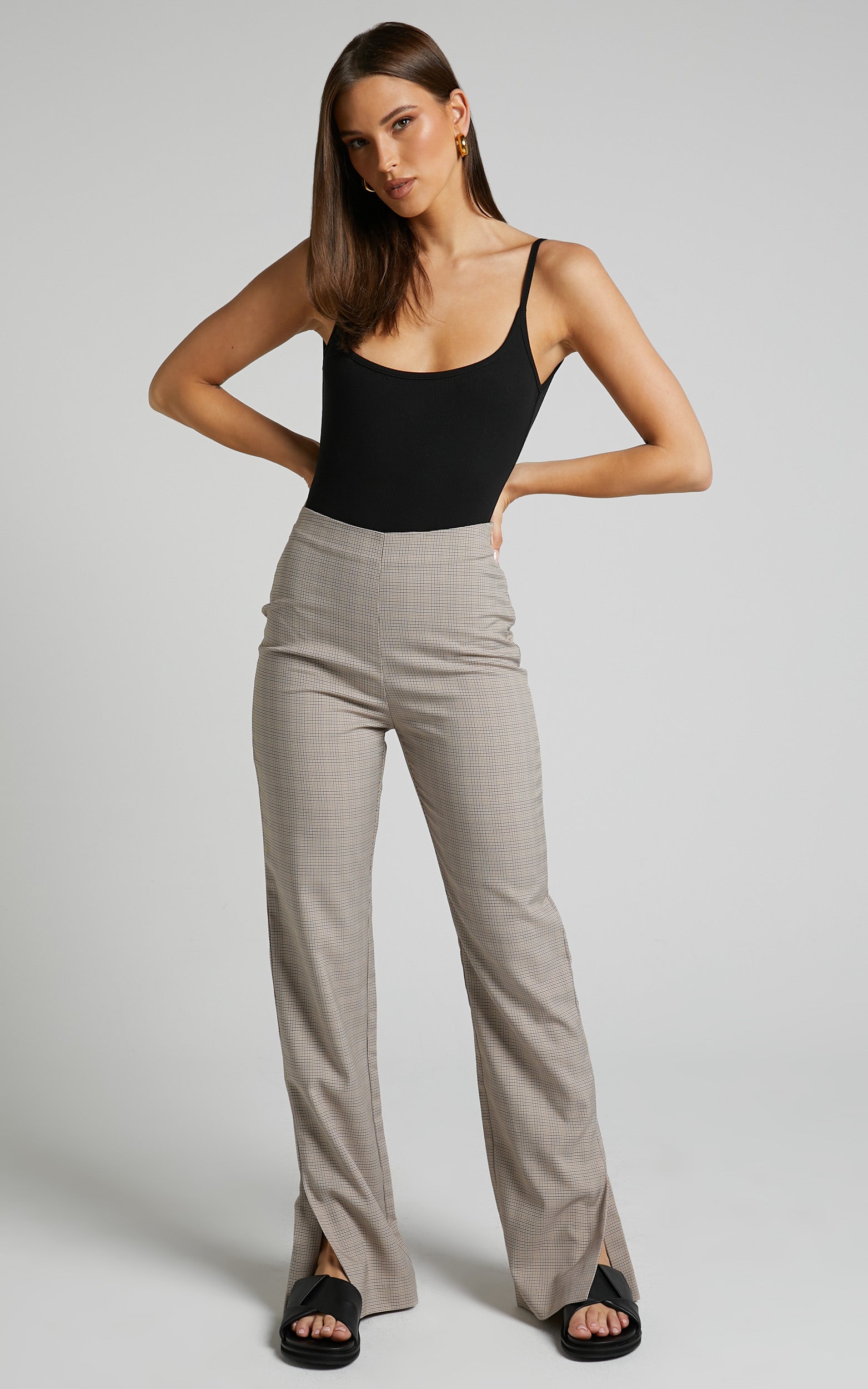 Khizza Pants - High Waisted Side Split Pants in Brown Pink Check