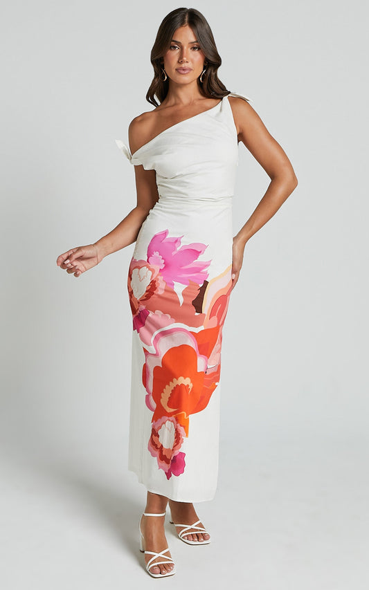 Khizza MIDI DRESS - OFF THE SHOULDER SIDE SPLIT COLUMN DRESS in Pink and Red Print